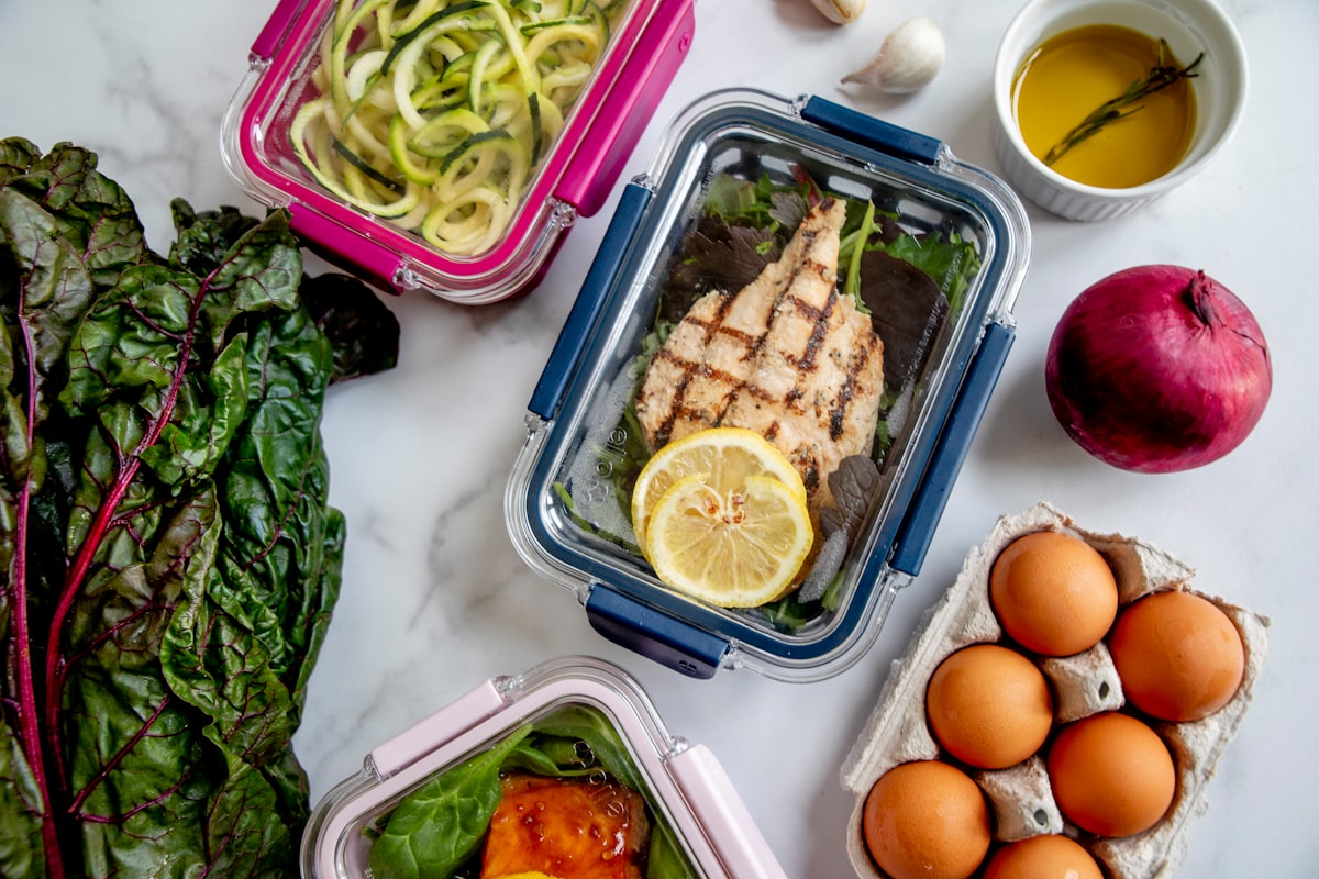 Meal prep containers with nutritious food
